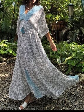 Boho Maxi Dress with Blue Trim - Flowing V-Neck